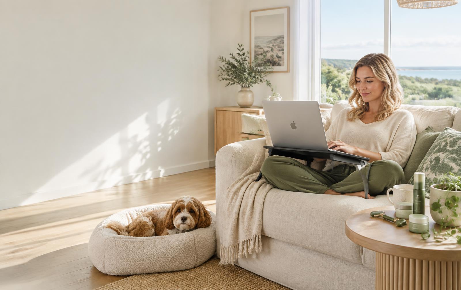 Sunlit living room with laptop stand, pet bed and skincare tools